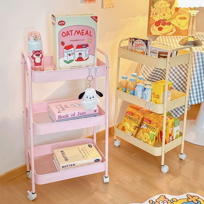 YAPOGI 이동식 트롤리 틈새 선반 수납 철제 바퀴 미니 트롤리 3단, 핑크