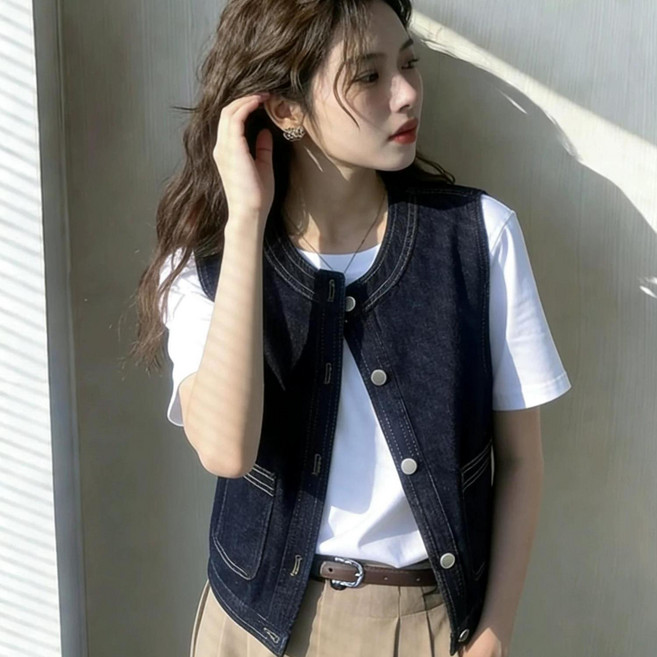 여성 데님 베스트 봄 여름 빈티지 라운드넥 레이어드 청조끼 아우터 캐주얼 슬림핏 여자 민소매 상의 wmy