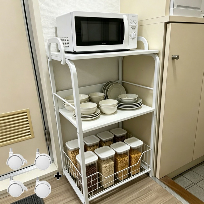 JSUSUJ 선반 다단 수납 이동 카트 수납 정리함, 3단, WHITE