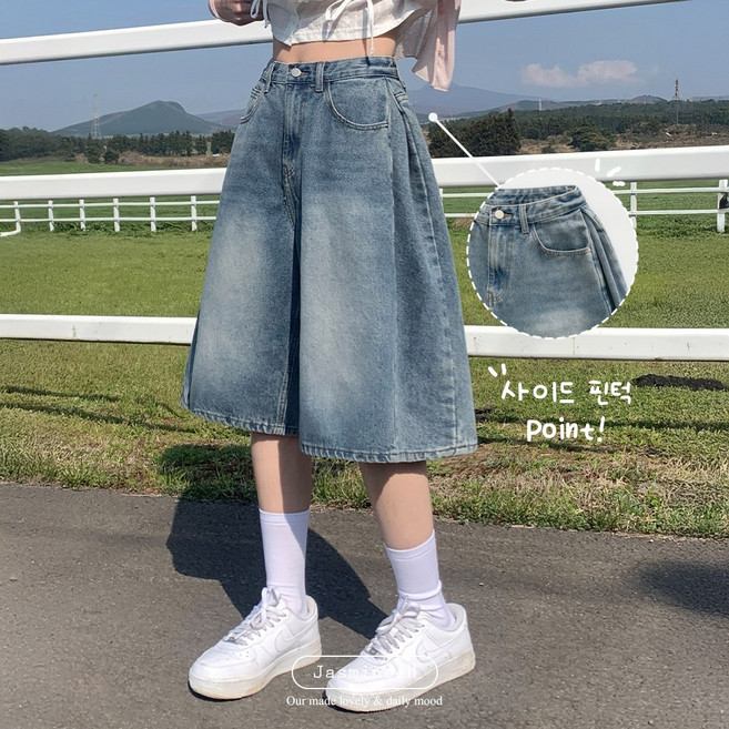 자스민벨 큐피트 빈티지 워싱 와이드 버뮤다 데님 팬츠