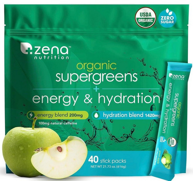 Zena Nutrition 유기농 슈퍼 그린 파우더 70개 이상의 슈퍼푸드 설탕 0개 3G 섬유 스피루리나 클로렐라 버섯 프리바이오틱스/프로바이오틱스 장 건강을, 40 Servings, Energy - Green Apple