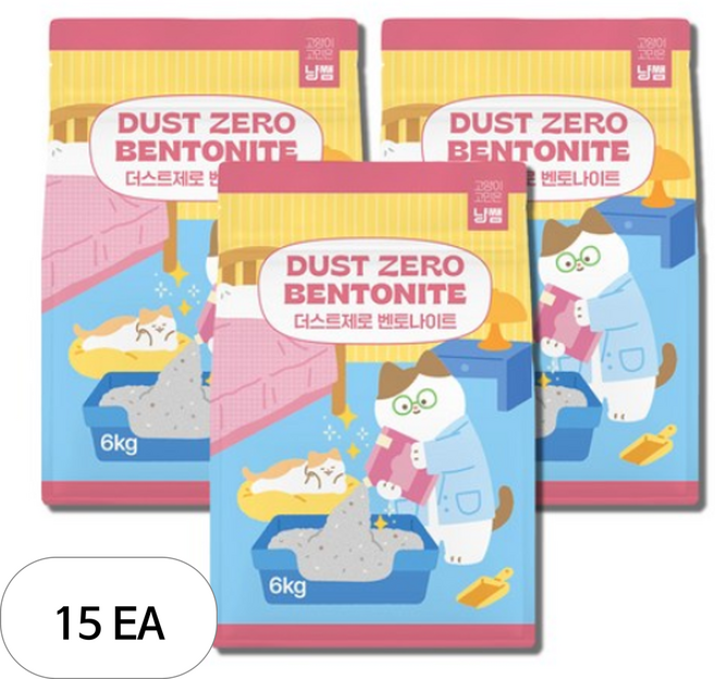 냥쌤 더스트 제로 벤토나이트 베이직 언센티드 고양이 모래, 6kg, 15개, 무향