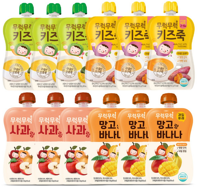 무럭무럭 키즈죽 과일퓨레 알뜰 12팩(단호박 고구마 사과배 망고바나나 각 3팩), 110g