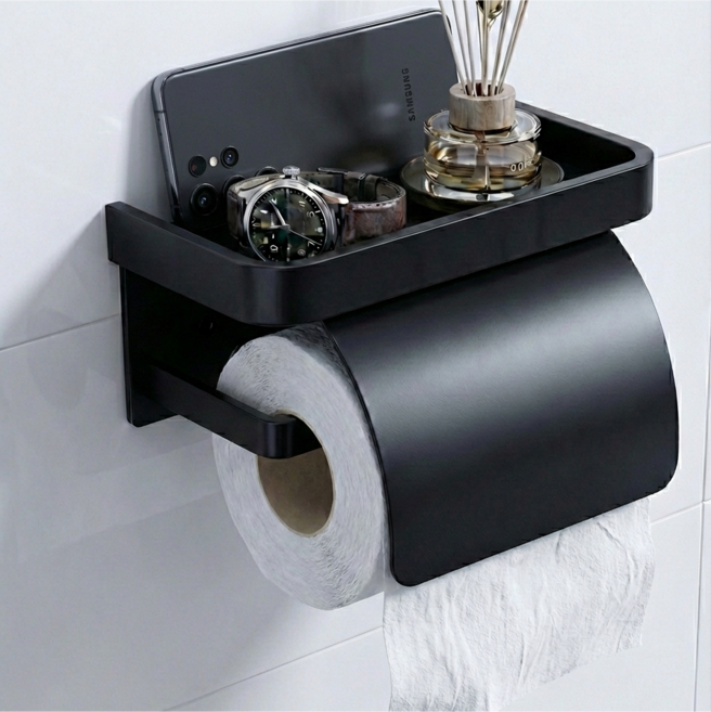 이지픽 무타공 화장실 휴지걸이, 커버형 블랙, 1개