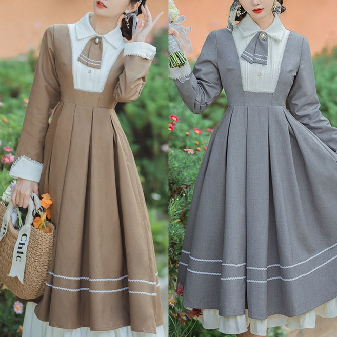 (대여) 레트로 각카라 더블라인 프레피룩 레이스 롱원