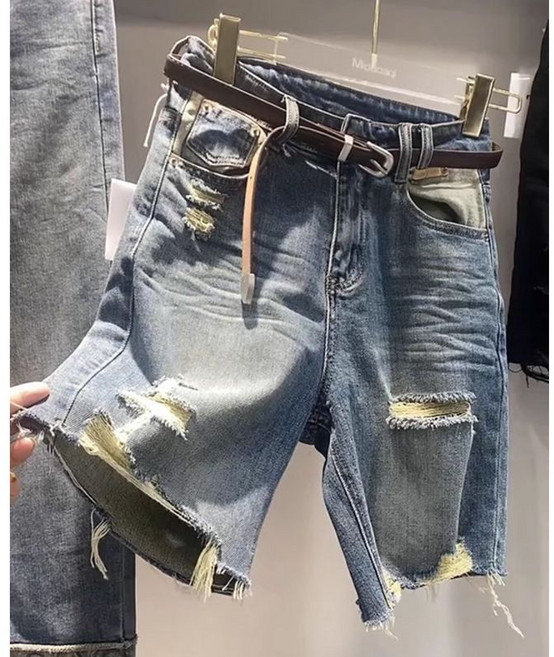 블라벨리 여성용 5부 데님 반바지 스판 찢청 여성청반바지 여름청바지 (허리띠 미포함)HY261