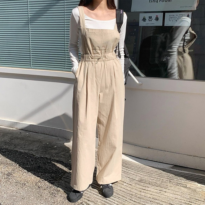 여성 데일리 스트링 코튼 오버롤팬츠 빅사이즈 밴딩 와이드 루즈핏 박시 멜빵 바지