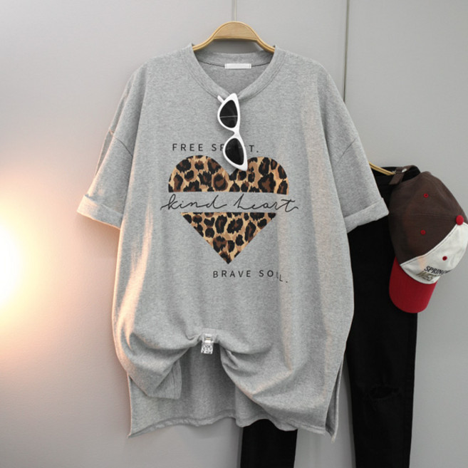 달콩 여성 빅사이즈 루즈핏 레오파드 프린팅 호피하트프린팅박스반팔티