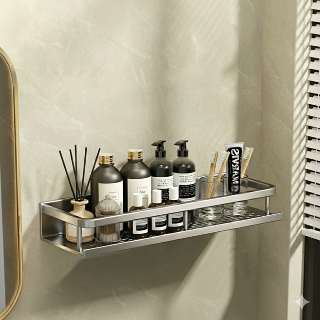40000KM 무타공 스텐 일자 욕실선반 접착식 화장실 정리대, 1개, 그레이