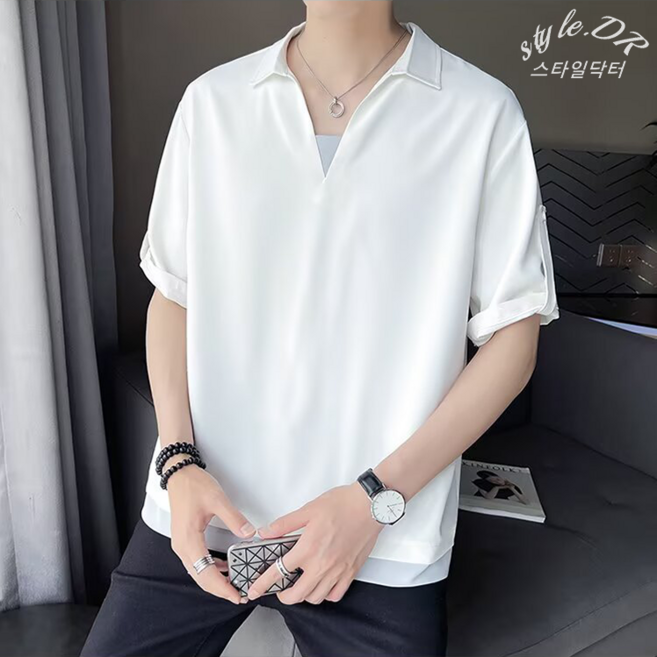 스타일닥터 여름 남자 반소매 쿨링 브이넥 사선 반팔 카라티 가짜 투피스