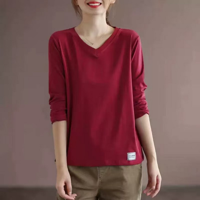 자칠 여성 베이직 브이넥 긴팔 티셔츠