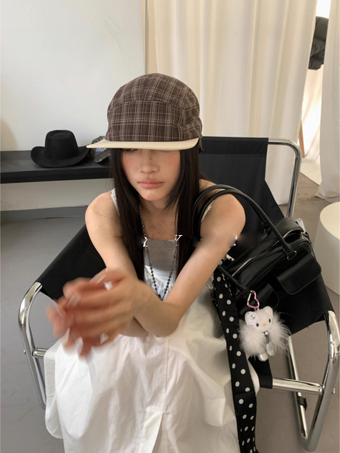 체크 패턴 조절 끈 남여공용 볼캡 캠핑 캐주얼모자