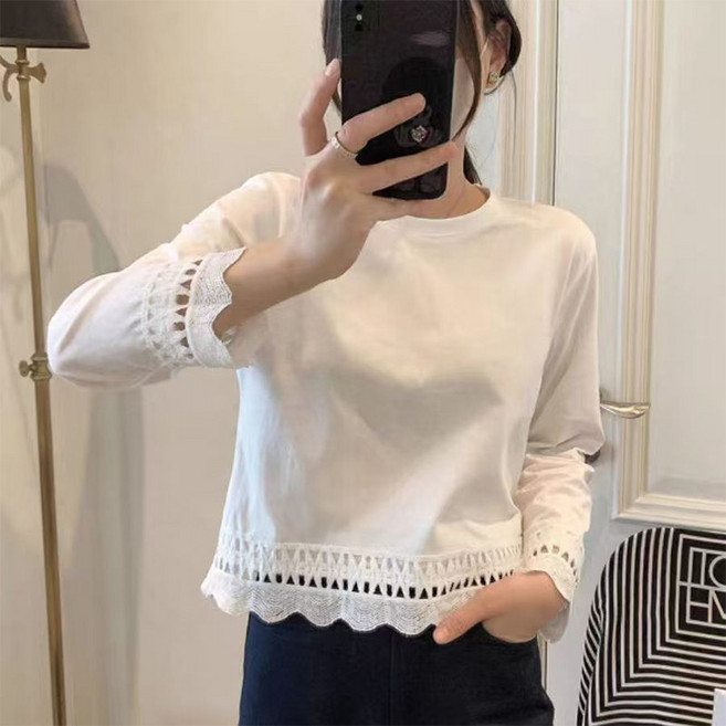 SELEAD 여성긴팔티셔츠 면티셔츠 여성봄티셔츠 이너티셔츠 기본티셔츠 면 95% 화이트 티셔츠