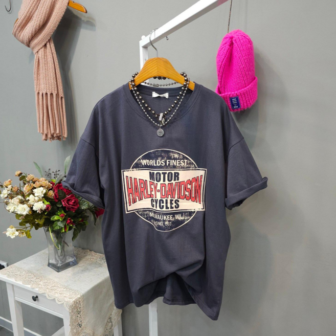 할리 레트로 여성 라운드넥 오버핏 면 반팔 티셔츠