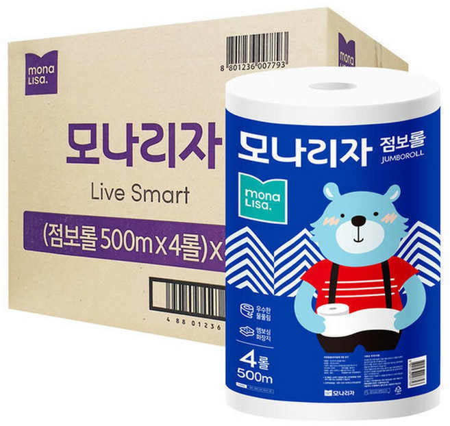 모나리자 점보롤 500m 16롤 화장지 롤화장지 휴지 (4입4팩), 4개입, 4박스