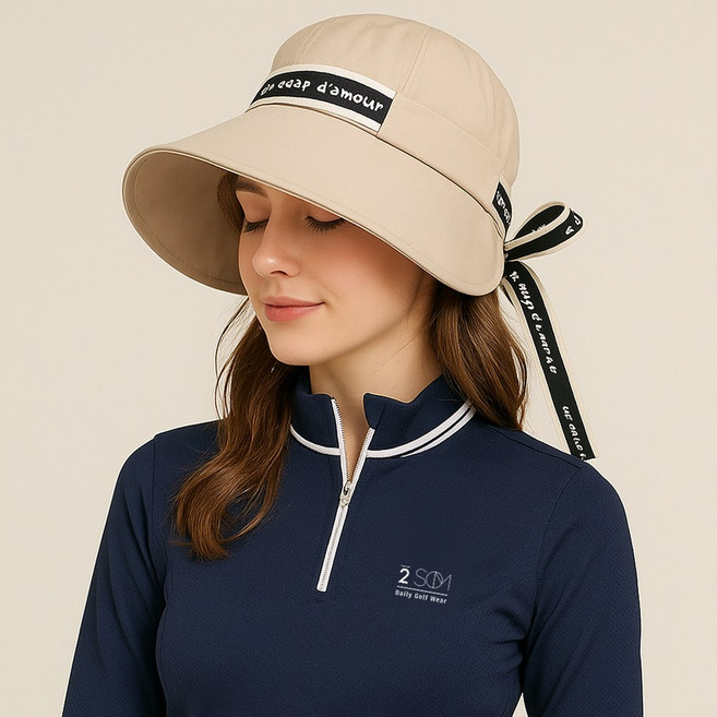 투솜 여성골프모자 여성골프벙거지 여자골프벙거지 여자골프모자 리본 버킷 벙거지모자 골프 스포츠 모자 여성 여자 방수 자외선 차단 벙거지 스트릿 버킷햇, 베이지 FREE, 1개