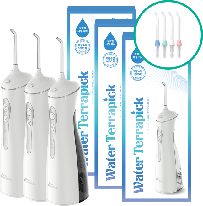 [치과공식납품] 닥터대니 워터테라픽 구강세정기 무선 휴대용 가정 치아 치간 물치실 세척기 세정기 잇몸 케어 관리, 화이트, 워터테라픽 3개