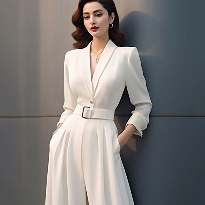 FANSYLI 점프슈트 여성 정장 스트레이트 멜빵바지+벨트 2종 세트 고급스러운 오피스 멜빵바지 세트 X2504A12
