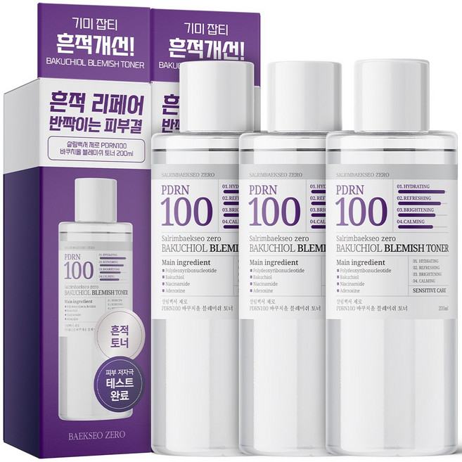 [피부결 8.85% 개선] 2+1 살림백서 제로 PDRN100 바쿠치올 블레미쉬 토너 200ml 기미 잡티 완화 흔적 주름 개선, 3개