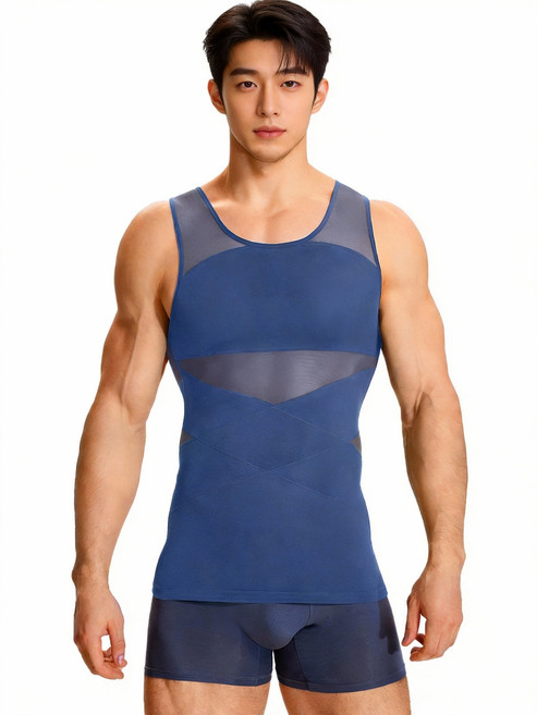 네빌리티 남자 U넥 압박 탱크탑 2중 복부 크로스 디자인 무봉제 메쉬 바디쉐이퍼 군살커버