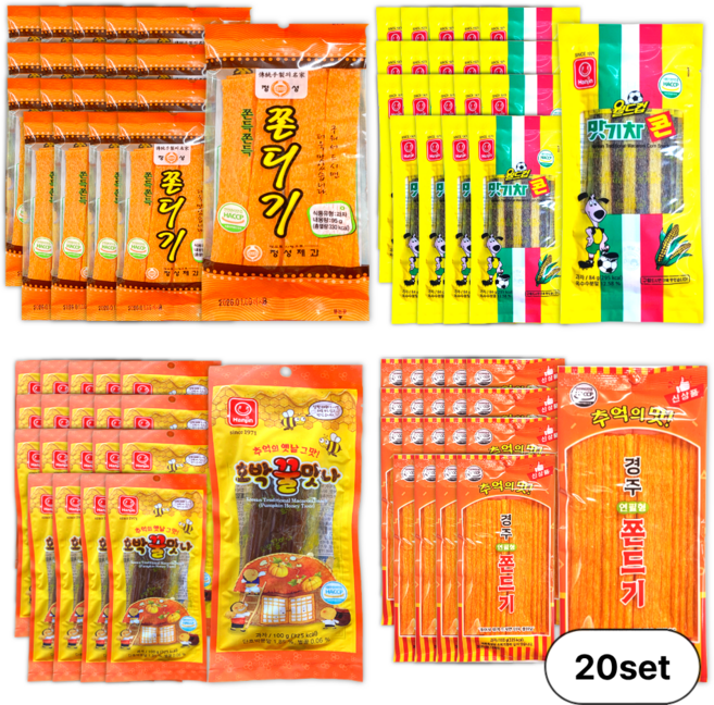 정성 쫀디기95g + 월드컵 맛기차콘84g + 호박꿀맛나100g + 경주 연필형 쫀드기100g / 세트 추억의 쫀드기 문방구 옛날 간식, 20세트, 379g