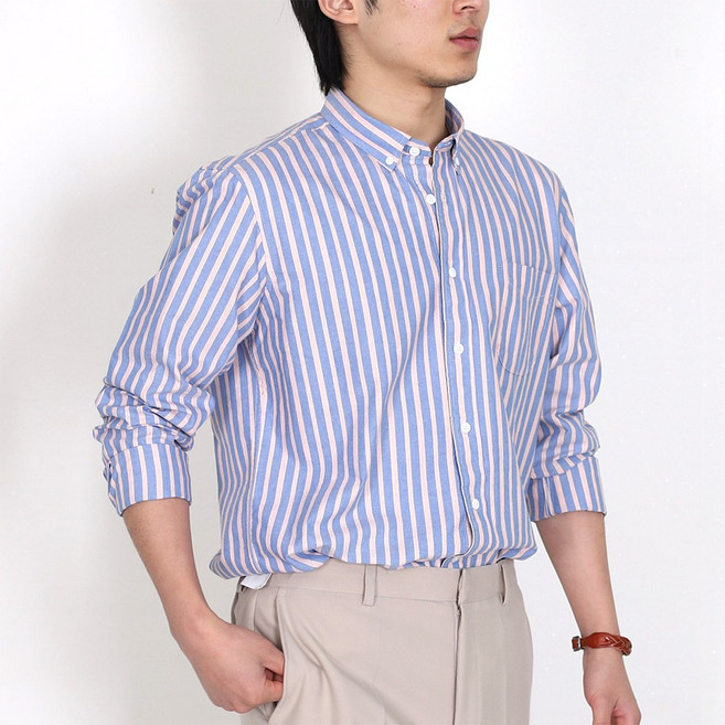 남자 긴팔 옥스포드 셔츠 스트라이프 캐주얼 남방