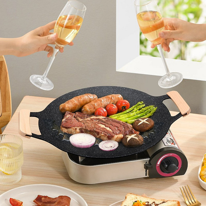 호밍사이 캠핑 그리들팬 맥반석(천연 비접착성) 고기불판 그리들 팬 IH 인덕션 겸용 +전용가방+우드손잡이+스텐망 불판받침망, 1세트, 38cm