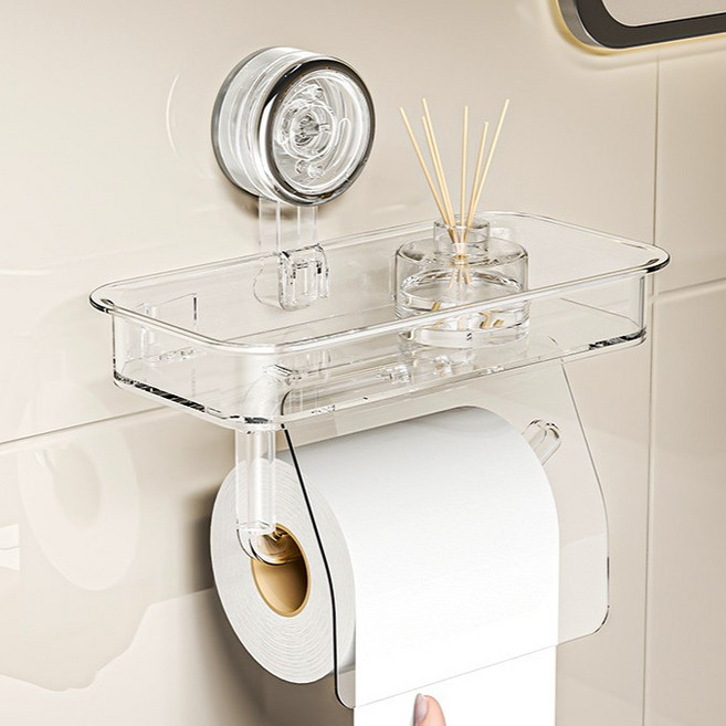 하이호프 무타공 강력접착 선반이 넓은 휴지걸이, 투명, 1개