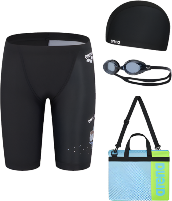 [국내정품] 아레나 키즈 도너리 남아동 4부 키트 생존 수영복 세트 / 수경 수모 손가방