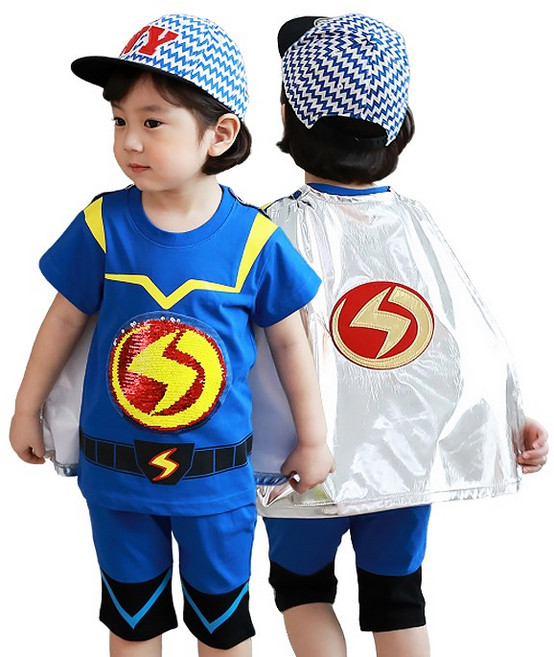 반팔 EBS정품 번개맨옷 반전 스팽글 상하세트 티셔츠 바지 망토 구성