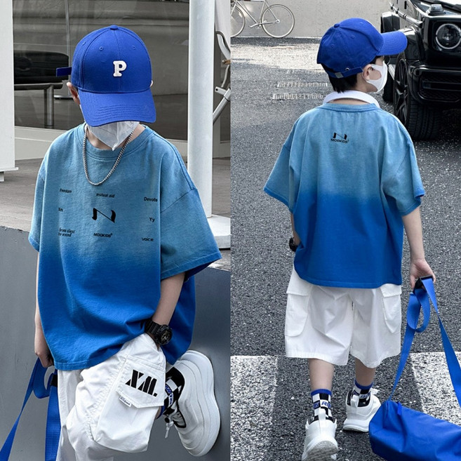 삐삐네옷가게 남아 주니어 블루 그라데이션 화이트 반바지 상하