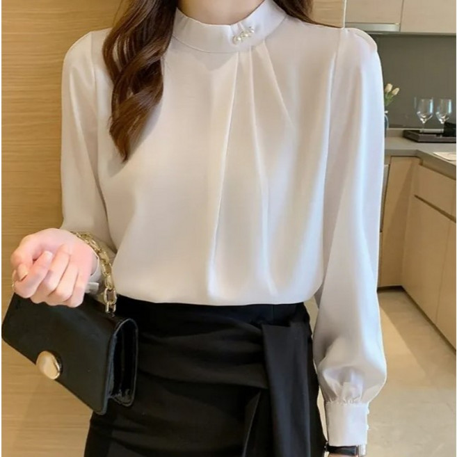 立領珍珠雪紡皺褶設計OL襯衫 XL57~61kg