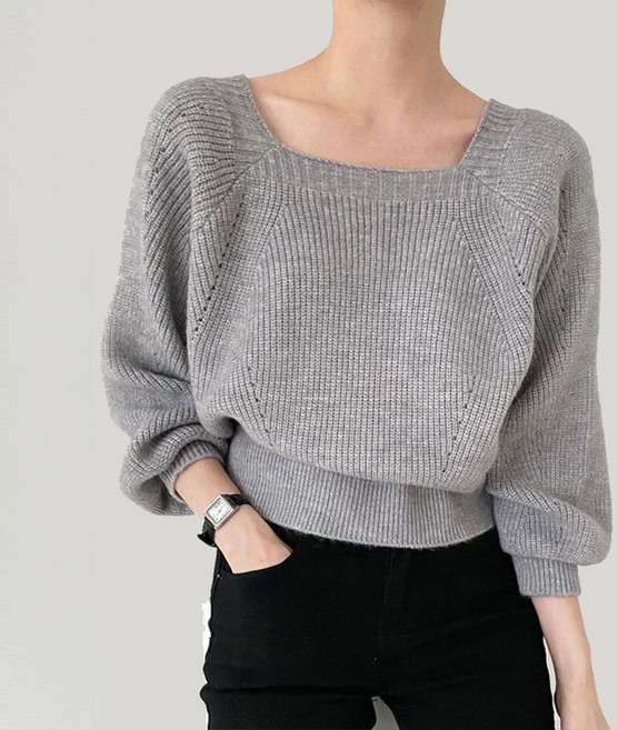 여성 봄 가을 데일리 베이직 여성스러운 루즈핏 여리여리 레글런 스퀘어넥 무지 퍼프 벌룬 숏 세미 크롭 긴팔 니트 비츠벌룬스퀘어넥니트