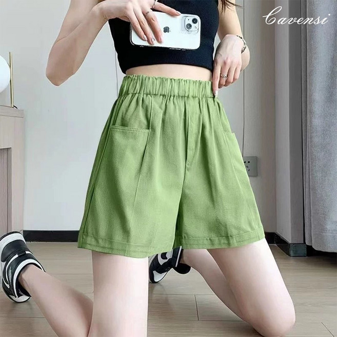 Cavensi 女生百搭素面棉質雙口袋休閒短褲 鬆緊五分褲 M-3XL 多色可選