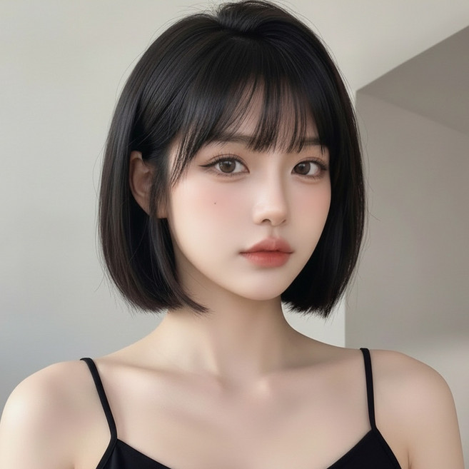 Belua 여성 단발 보브컷 가발 자연스러운 앞머리 통가발 얼굴형 보정 데일리 볼륨 헤어피스, 1개, 블랙