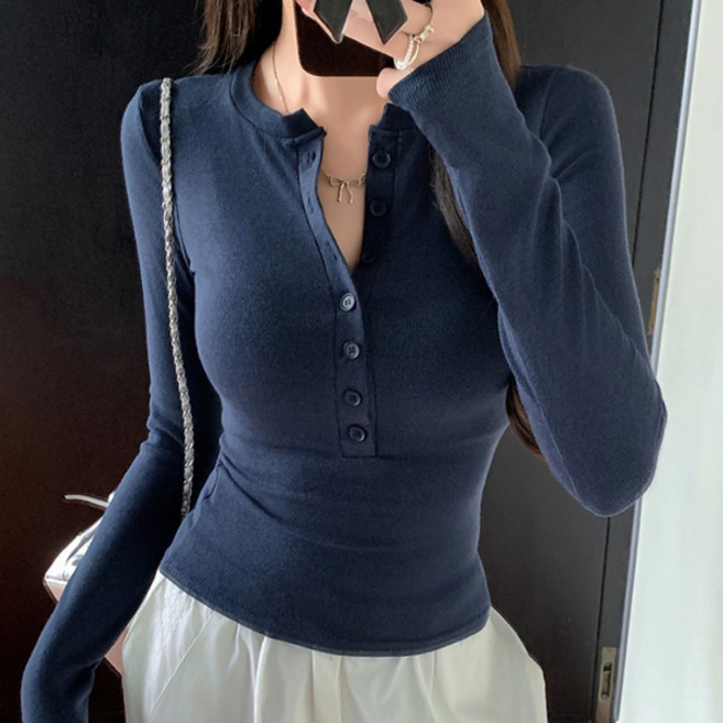 유니온 여성 슬림핏 라운드넥 버튼 긴팔 티셔츠