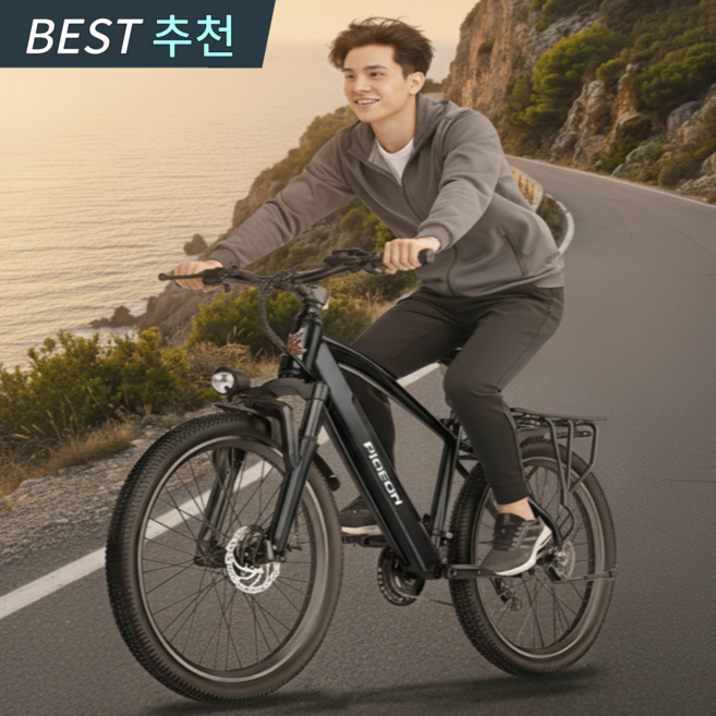 산악바이크 MTB 전기 자전거 PAS 자토바이 전동 배달용 리튬배터리 출퇴근 팻바이크 26인치, 블랙 스포크휠, 하이텐강