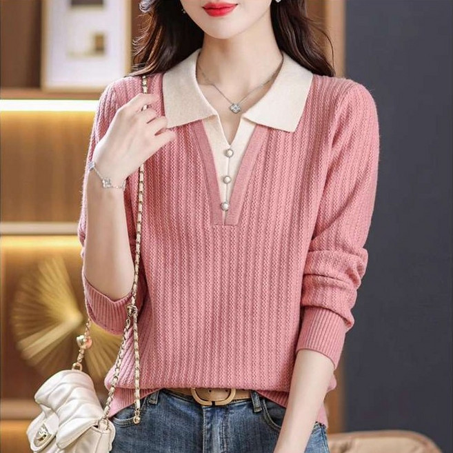 봄가을 페이크투피스 카라 니트티 중년 여성 긴팔 티셔츠 zy