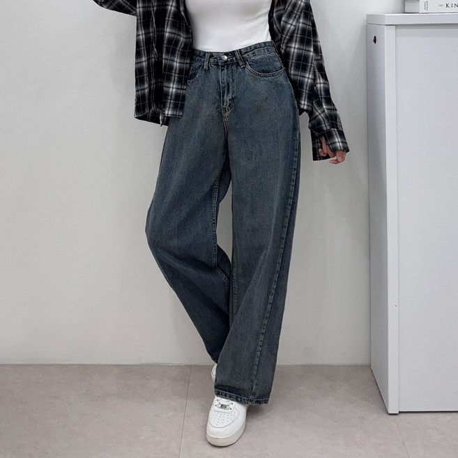 끌로이 여성 절개라인 데님팬츠 사선라인 청바지 와이드핏
