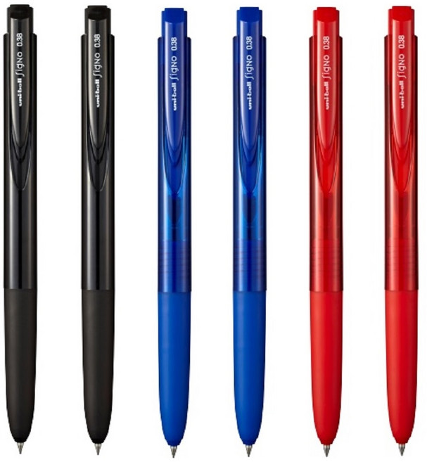 유니볼 시그노 노크식 RT1 중성펜 0.38mm UMN-155N-38, 1세트, 혼합6개(흑2청2적2녹0)