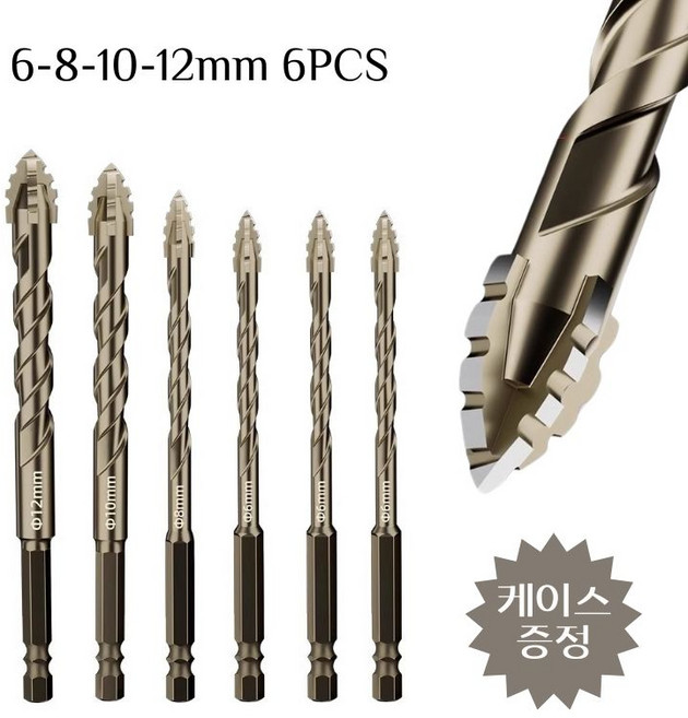 tinduo 만능 4날 톱니형 드릴 비트 세트 6-8-10-12 6개입 세트 타일 콘크리트 목재 유리 플라스틱 임팩드릴 기리, 1세트