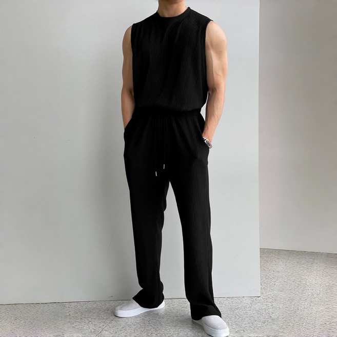 여름 남자 리브 시원한 노슬리브 세트 티셔츠 오버사이즈 데일리 스포츠 세트 세트 상하의