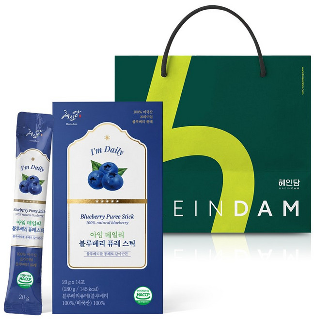 통째로 갈아만든 혜인담 아임 데일리 블루베리 퓨레 스틱 + 쇼핑백, 1개, 280g