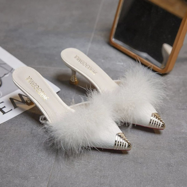 JoYouth 여성 퍼 슬리퍼힐 뮬 털 하이힐 패션 스틸레토 스웨이드 구두 6cm