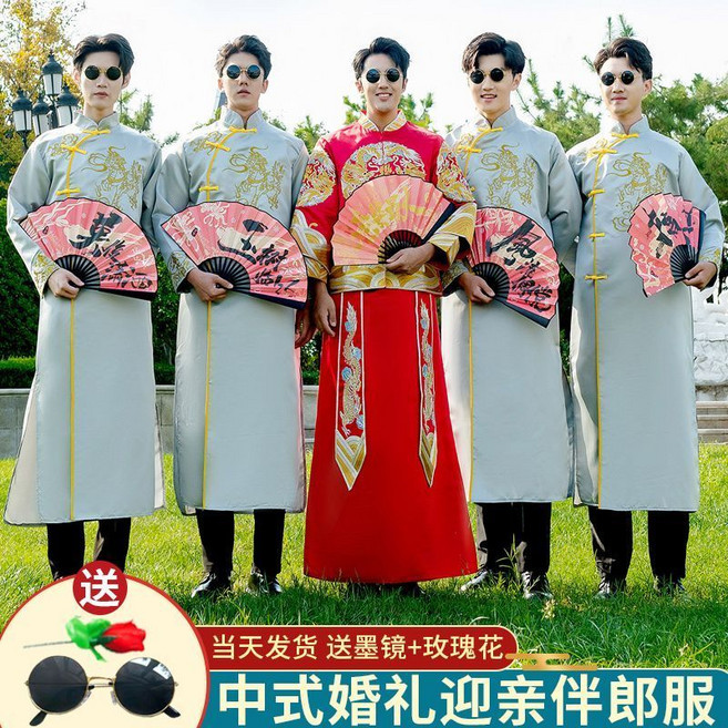 中國風男長袍馬褂 伴郎服 兄弟裝 中式結婚禮服