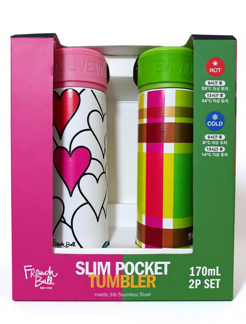 프렌치불 스텐316 미니 텀블러 세트, 2개, 170ml, 레인보우 하트 + 멀티 플레이트