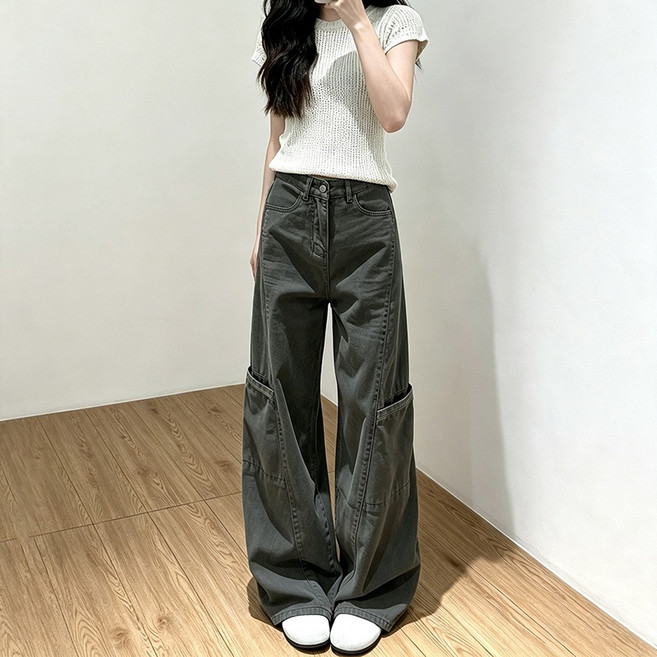3위 - JLVJ 여성 바지 와이드 청바지 초대형 포켓 롱 핏 카고바지