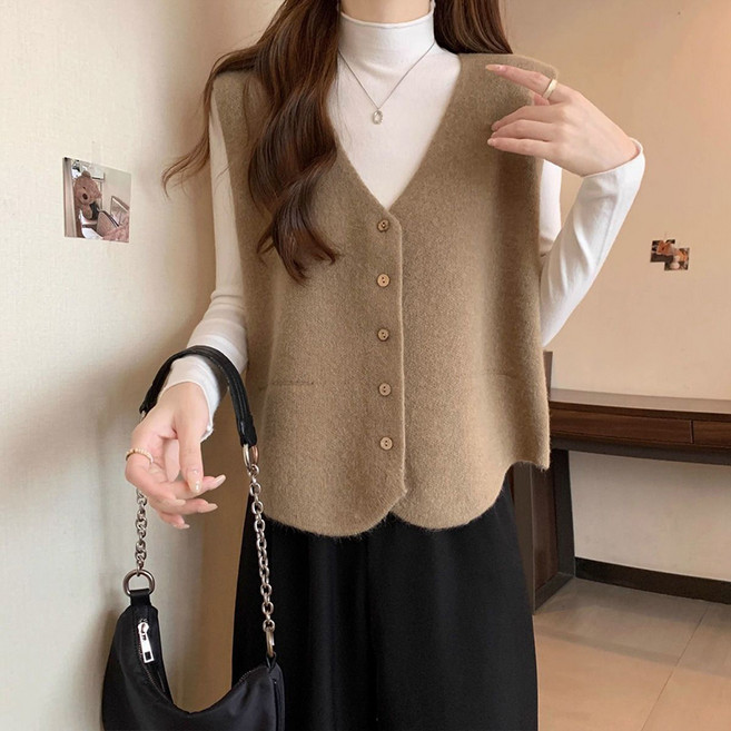 메인워크 여성 브이넥 니트 조끼 베스트 봄 가을 아우터 루즈핏 베스트 키작여 간절기 데일리 슬림핏 가디건 상의