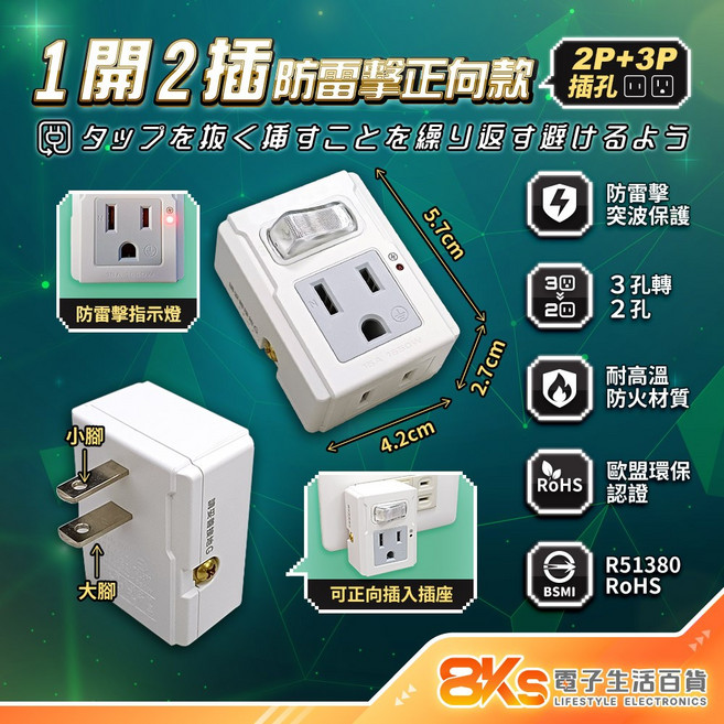 1開2插 防雷擊 正向 D型 分接器 3P+2P 節能壁插 防火PC材質 BSMI R51380, 防雷擊1開2插D型正向3P+2P, 1個, 5.7cm