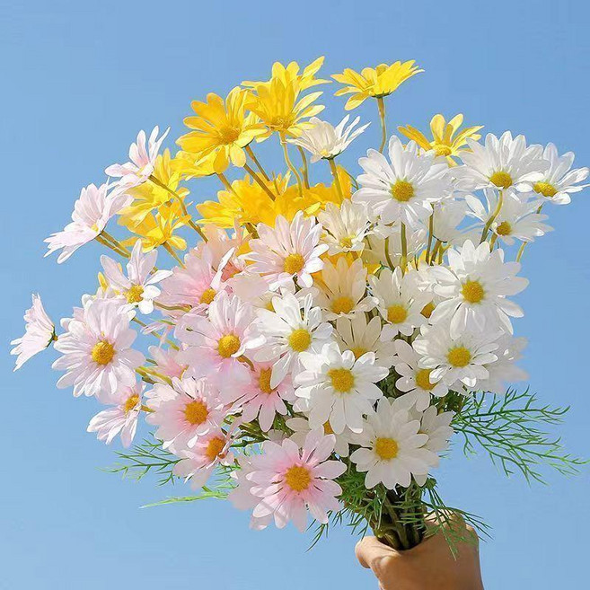 小雛菊仿真花洋甘菊假花束 8支40朵花頭, 洋甘菊白黃粉橘香檳混搭,8支40朵花頭, 1個